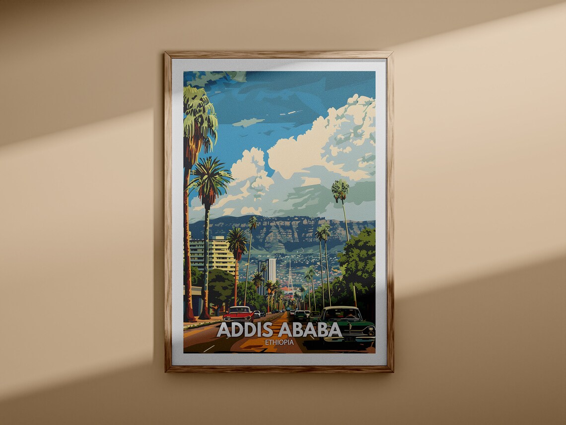 Addis Ababa Ethiopia Travel Poster Palm Avenue Vintage Cars Hills View - Image 3