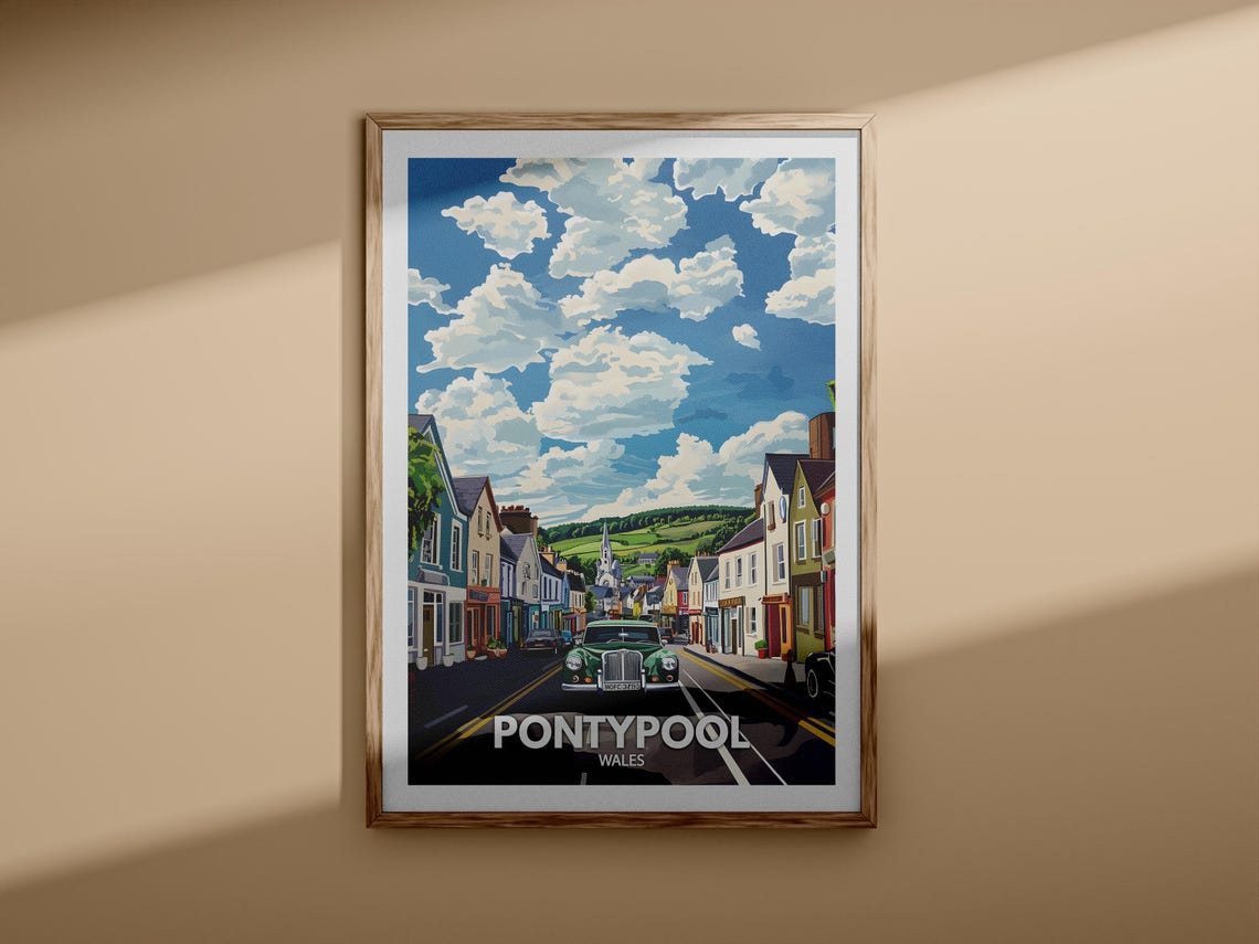 Pontypool Wales Vintage Green Car Street Scene Retro Travel Poster - Image 3