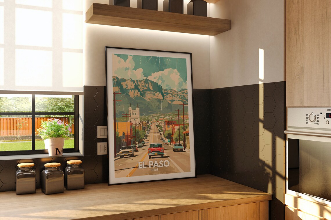 El Paso Texas Downtown Street Classic Cars Mountain Travel Poster - Image 2