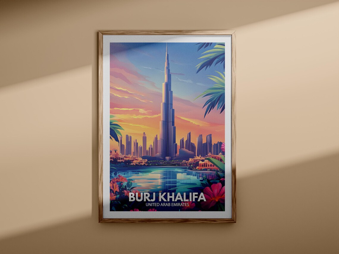 Burj Khalifa Dubai UAE Sunset Skyline Palm Fronds Travel Art Poster - Image 3