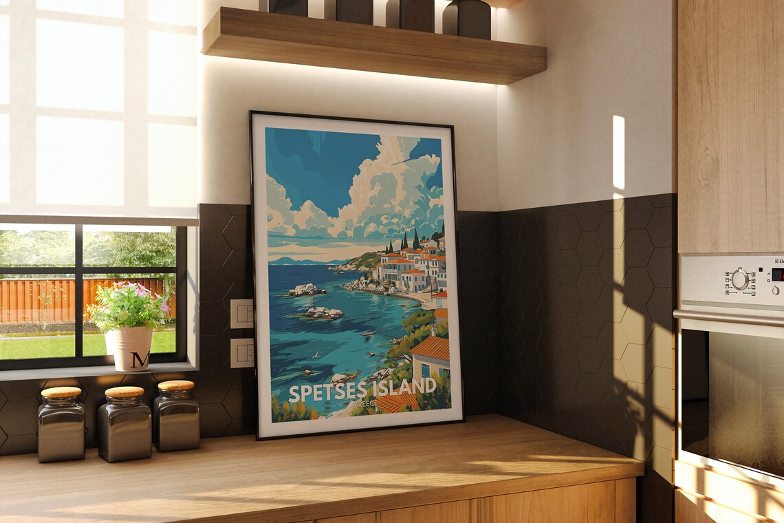 Spetses Island Greece White Houses Aegean Sea Coastline Travel Poster - Image 2