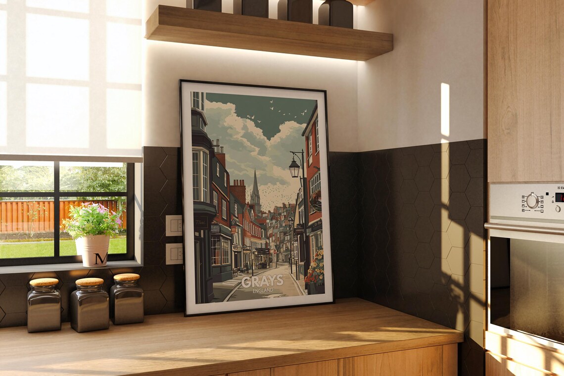 Grays England Historic Street Church Spire Travel City Poster - Image 2
