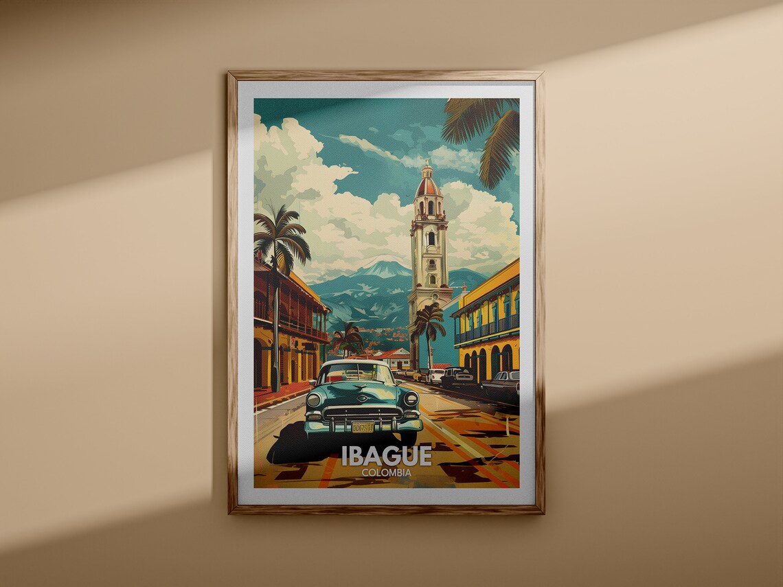 Ibague Colombia Classic Car Street Church Tower Mountain Travel Poster - Image 3