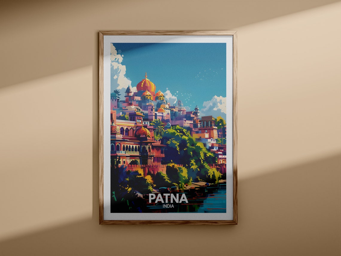 Patna India Hilltop Palace Riverside Scene Vintage Travel Poster - Image 3