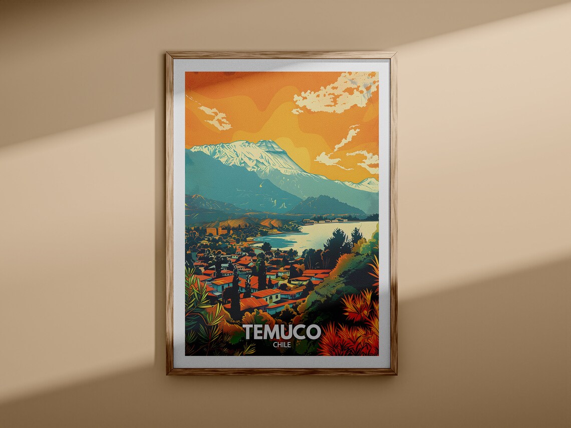 Temuco Chile Snowcapped Volcano Lake Town Vintage Travel Poster - Image 3