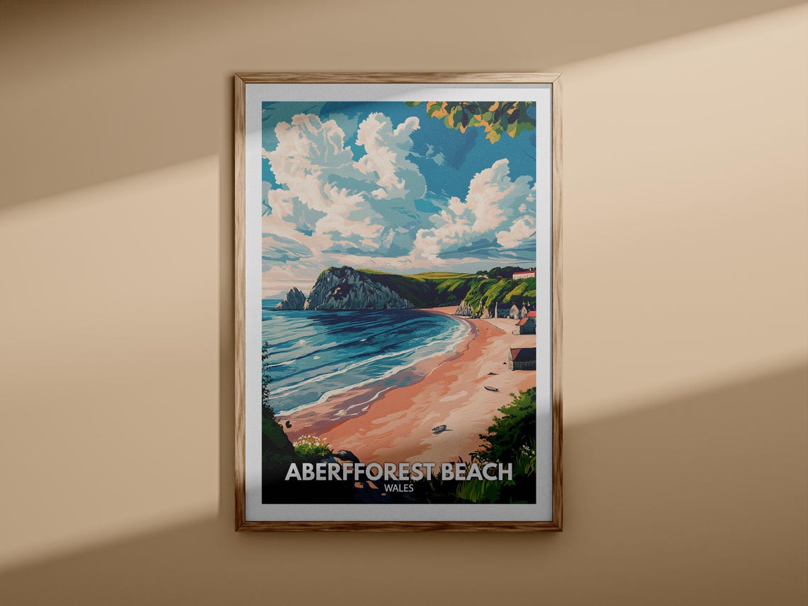 Aberfforest Beach Wales Coastal Village Illustration Travel Poster - Image 3