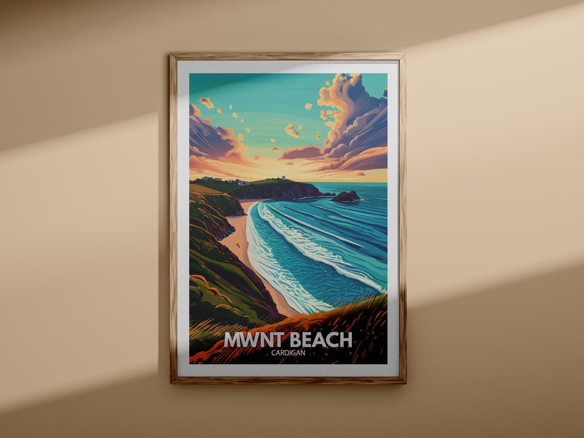Mwnt Beach Cardigan Sunset Waves Cliffs Golden Sky Vintage Poster - Image 3