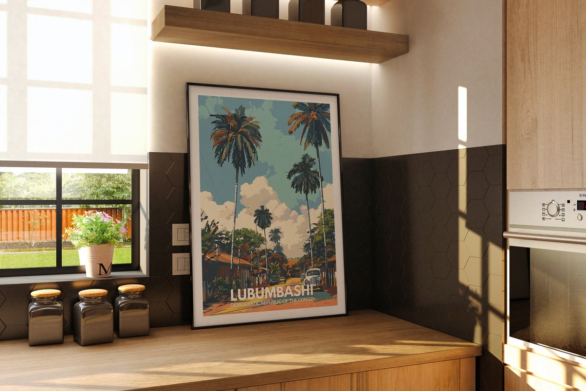 Lubumbashi Congo Palm Tree Street Scene Vintage Travel Poster - Image 2