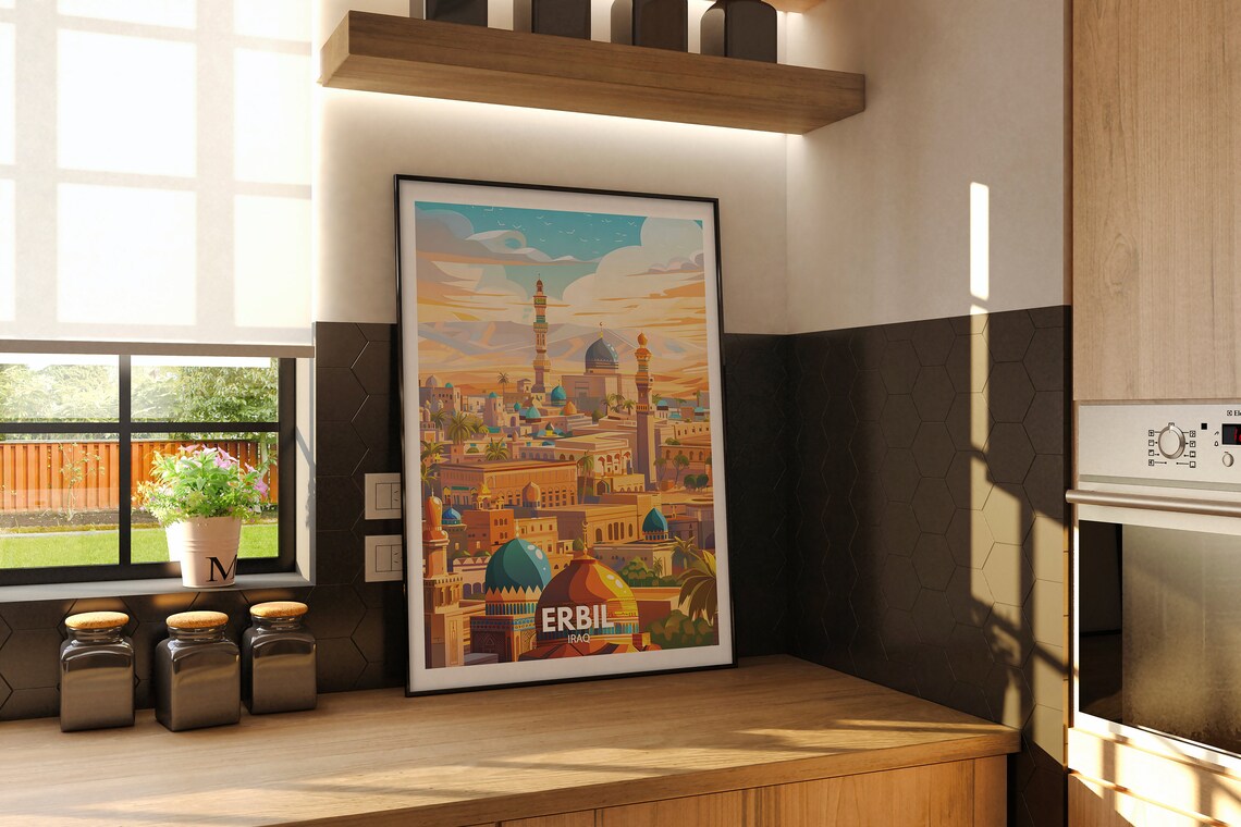 Erbil Iraq Ancient Citadel Mosque Skyline Vintage Travel Poster - Image 2
