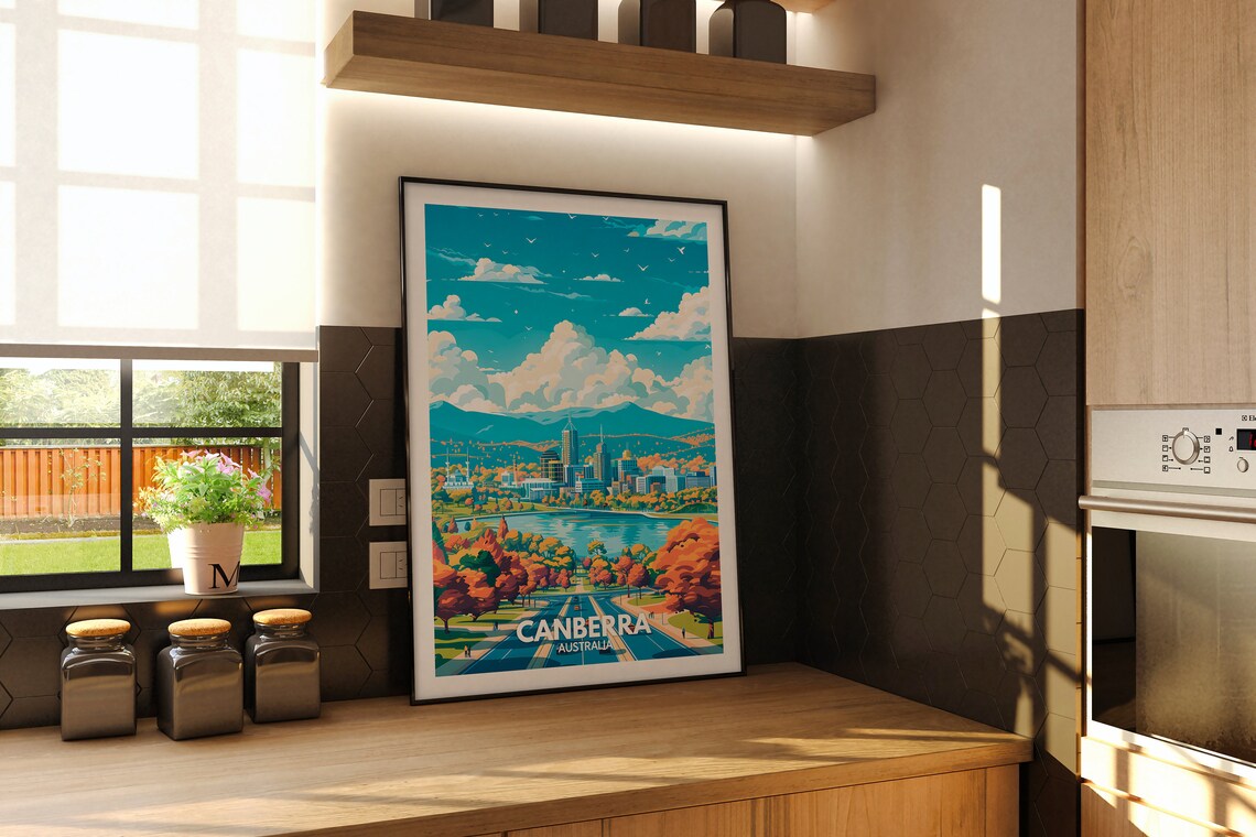 Canberra Australia Autumn Lake Cityscape Retro Travel Poster - Image 2