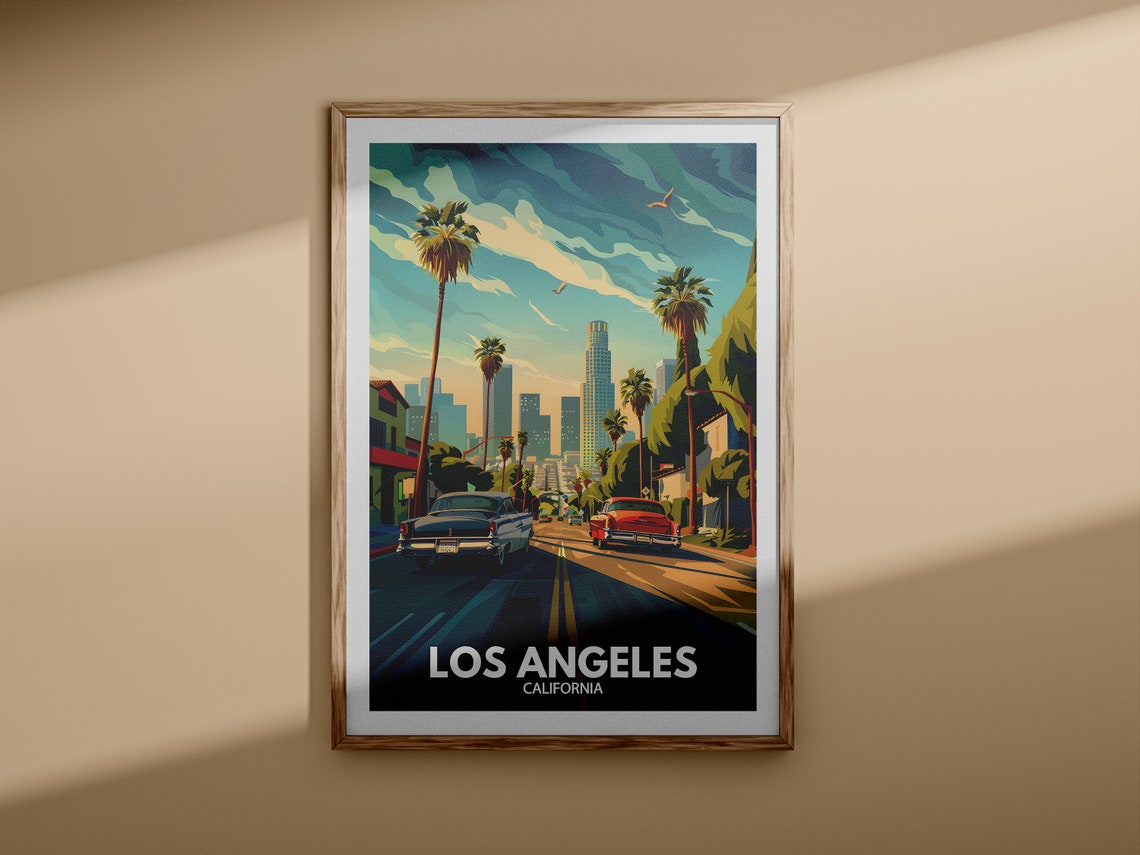 Los Angeles California Palm Lined Boulevard Downtown Travel Art Poster - Image 3