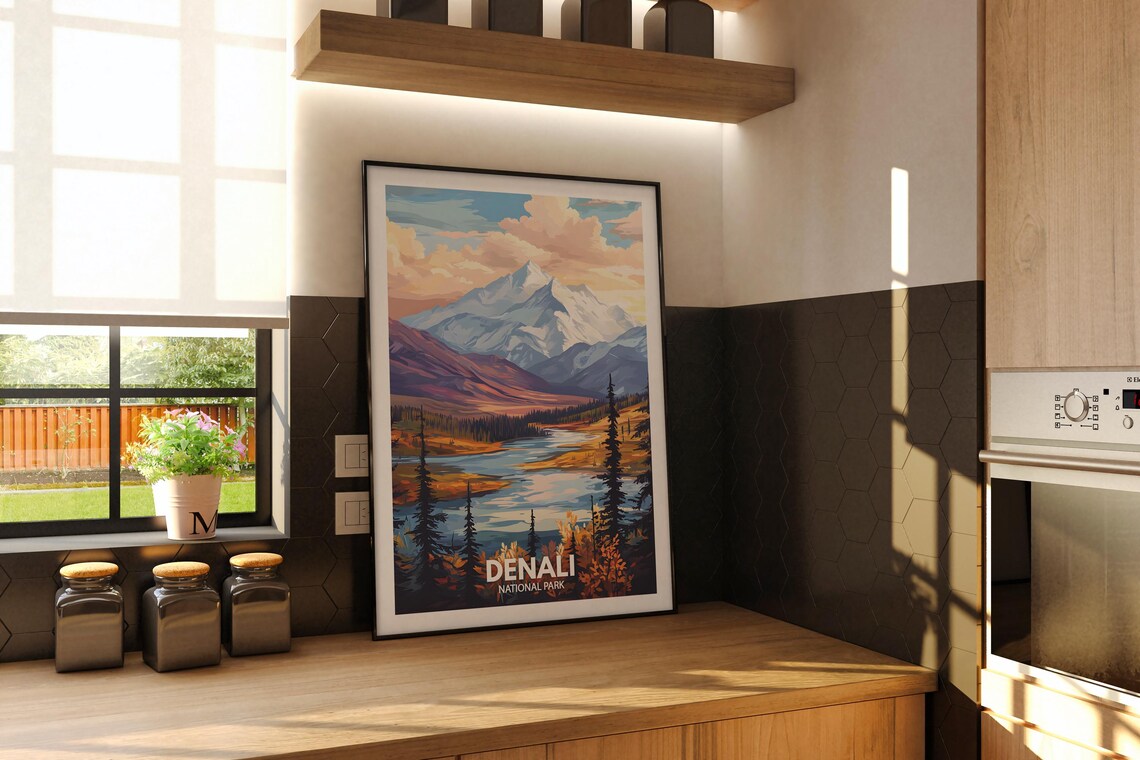 Denali National Park Alaska Snow Peak River Valley Illustration Poster - Image 2