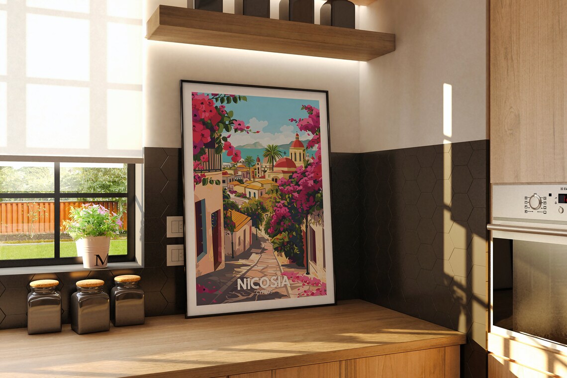 Nicosia Cyprus Bougainvillea Street Church Domes Mediterranean Poster - Image 2
