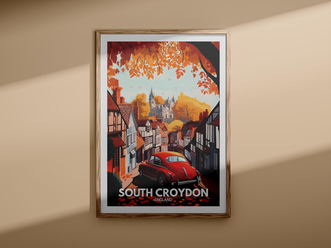 South Croydon England Autumn Street Vintage Car Travel Poster - Image 3