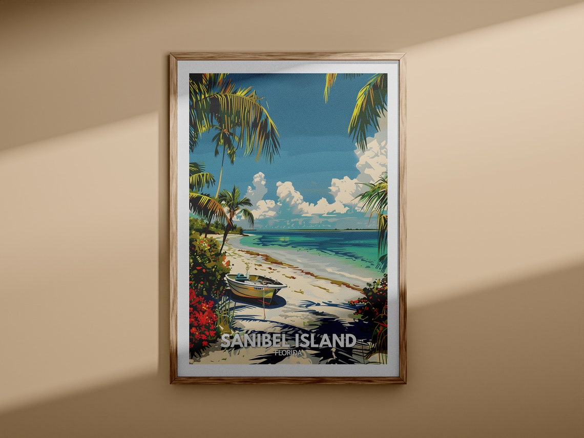 Sanibel Island Florida Beach Boat Palm Trees Turquoise Sea Poster - Image 3