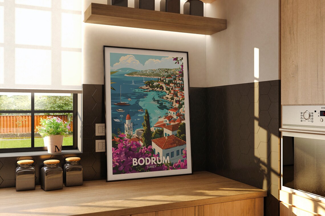 Bodrum Turkey Coastal Town Harbor Bougainvillea Scene Poster - Image 2