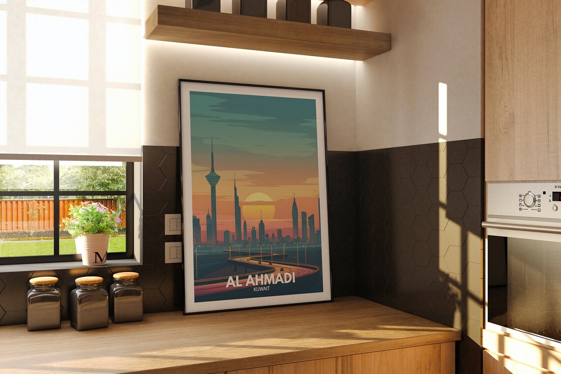 Al Ahmadi Kuwait Skyline Sunset Modern Tower Vintage Travel Poster - Image 2