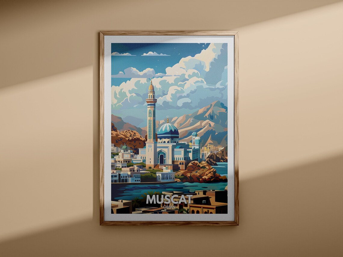 Muscat Oman Mosque Waterfront Vintage Illustration Travel Poster - Image 3