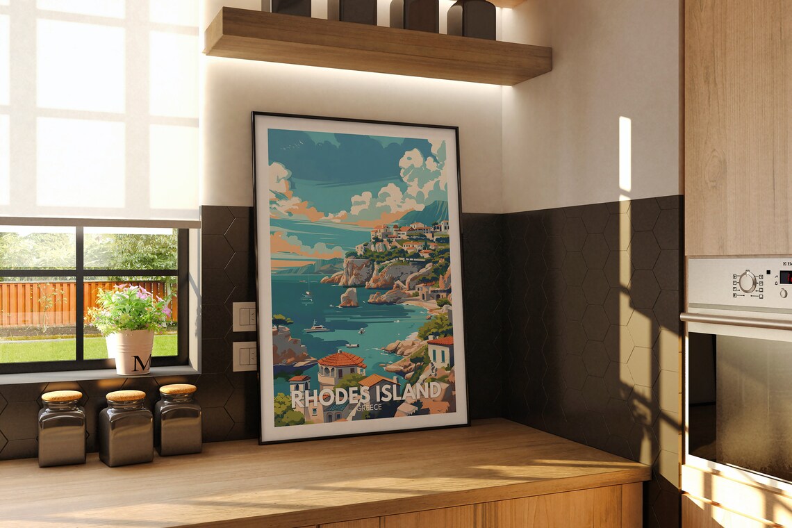 Rhodes Island Greece Turquoise Coast Cliffs Vintage Travel Poster - Image 2