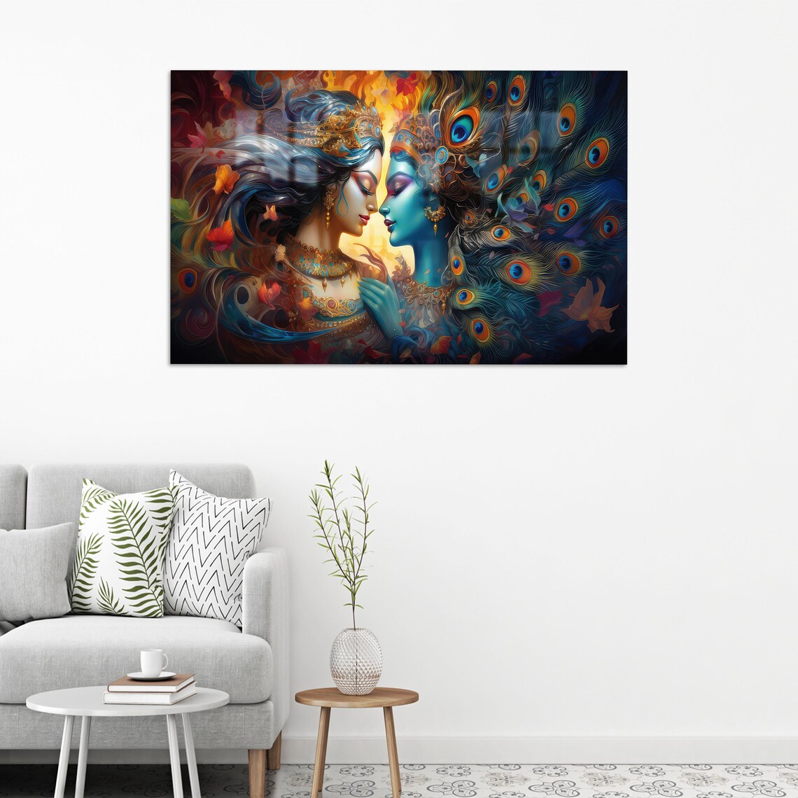Krishna Radha Divine Love Peacock Feathers Spiritual Art Poster
