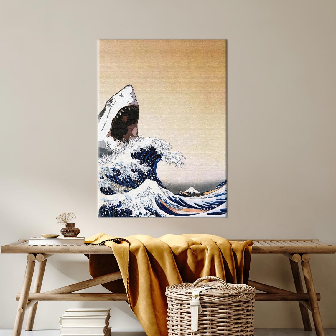 Shark Breaching Great Wave Japanese Woodblock Style Ocean Art Poster