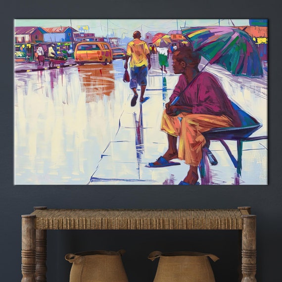 African Street Life Canvas Vibrant Urban Rainy Day Painting Print On Cotton For Colorful And Cultural Wall Decor