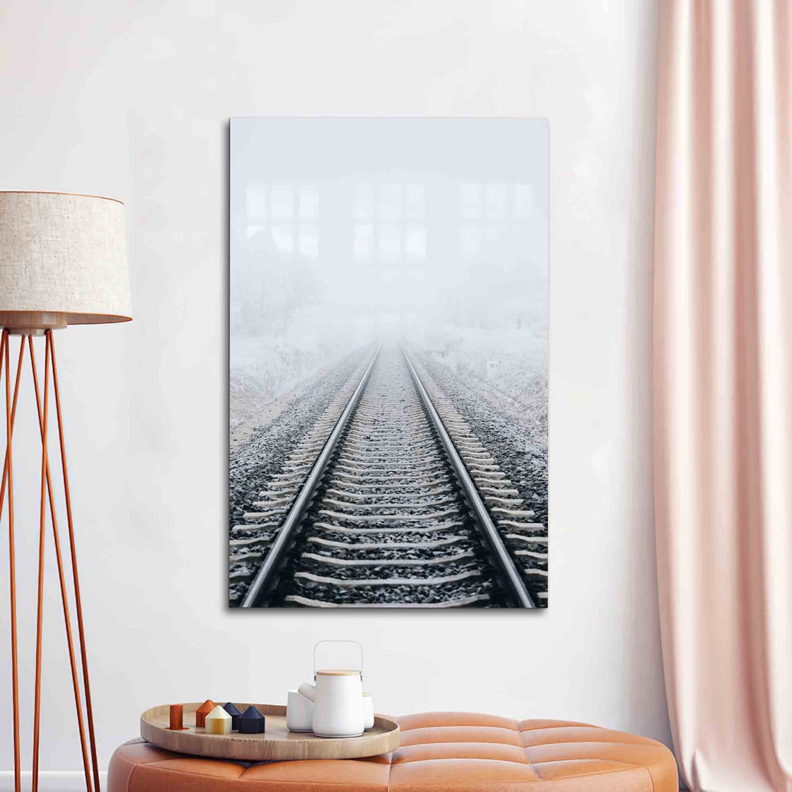 Lonely Railway Tracks Stretching into Thick White Fog Photo Poster