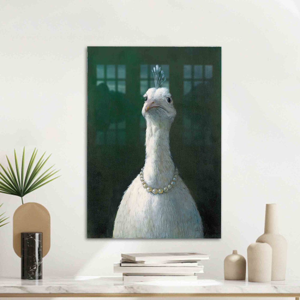 White Peacock Wearing Pearl Necklace Quirky Bird Portrait Poster
