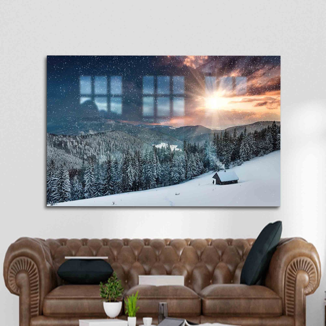 Snowy Mountain Cabin Winter Sunset Landscape Photography Poster