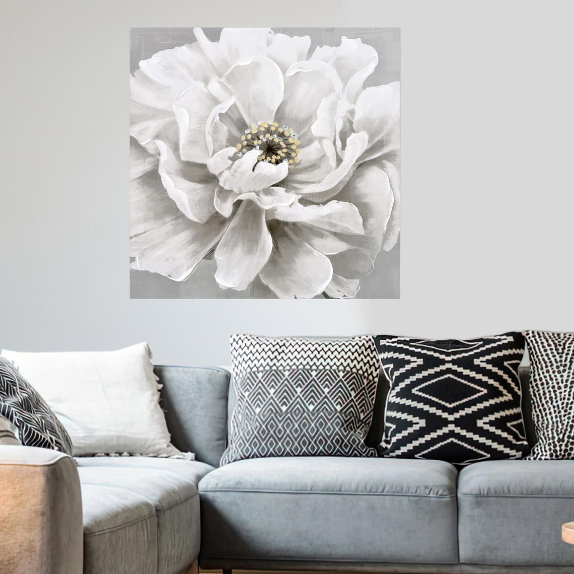 White Peony Bloom Soft Grey Elegant Minimal Floral Art Poster