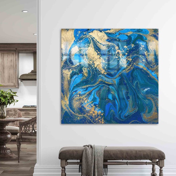 Glass Art Wall Decoration Blue And Gold Modern Abstract Alcohol Ink