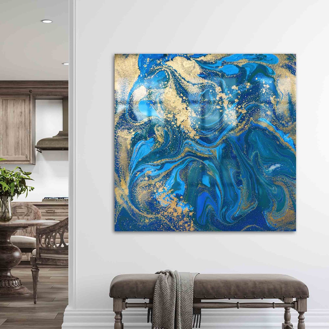 Blue Gold Marble Swirl Luxury Abstract Alcohol Ink Square Poster
