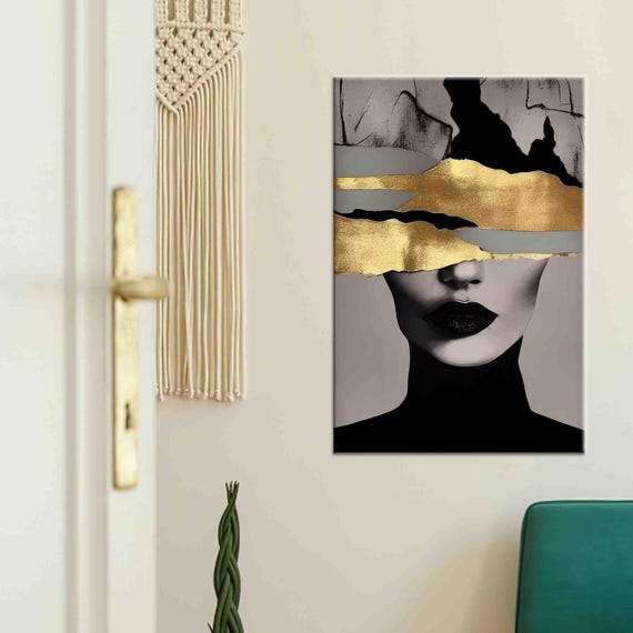 Golden Woman Canvas Art Modern Wall Hanging Abstract Gift Contemporary Decor