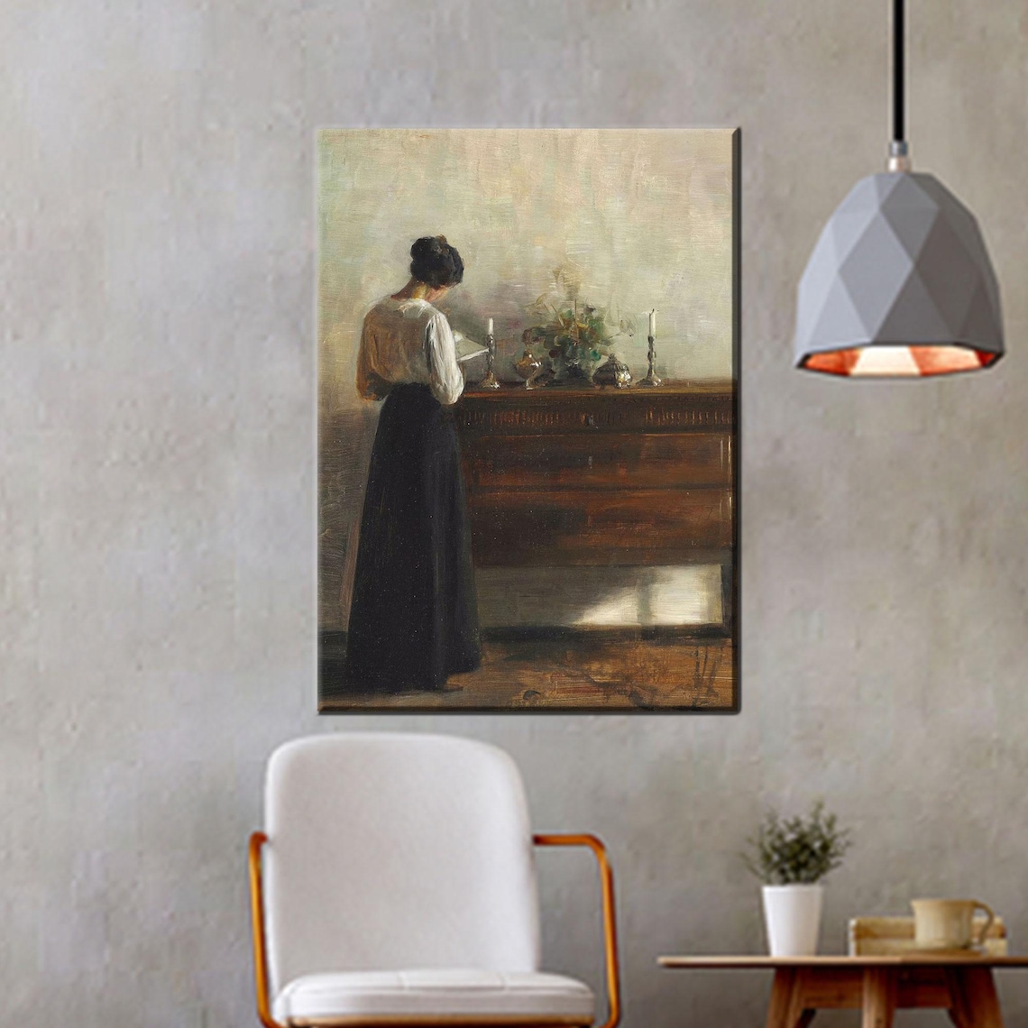 Woman Reading at Dresser Vintage Candlelit Interior Classic Painting Poster