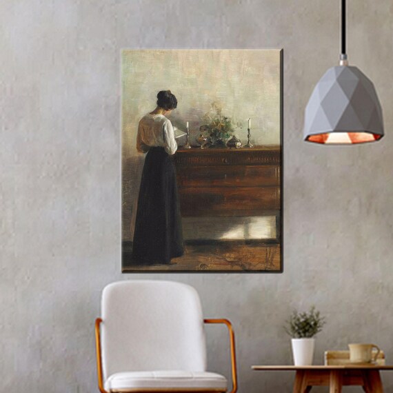 Woman Reading at Dresser Vintage Candlelit Interior Classic Painting Poster
