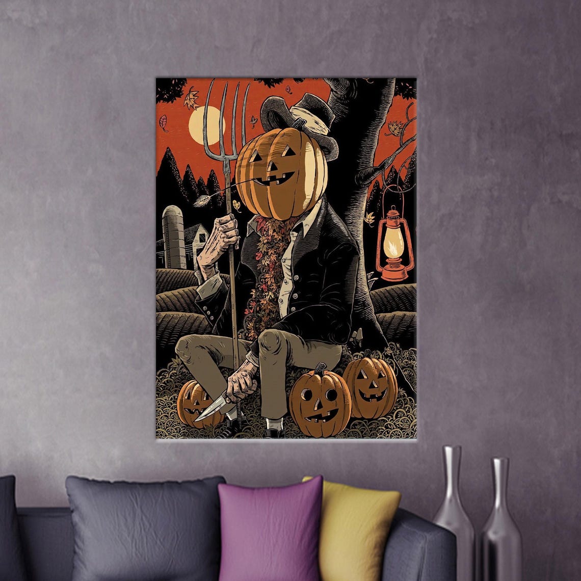 Halloween Pumpkin Head Figure Vintage Horror Illustration Art Poster