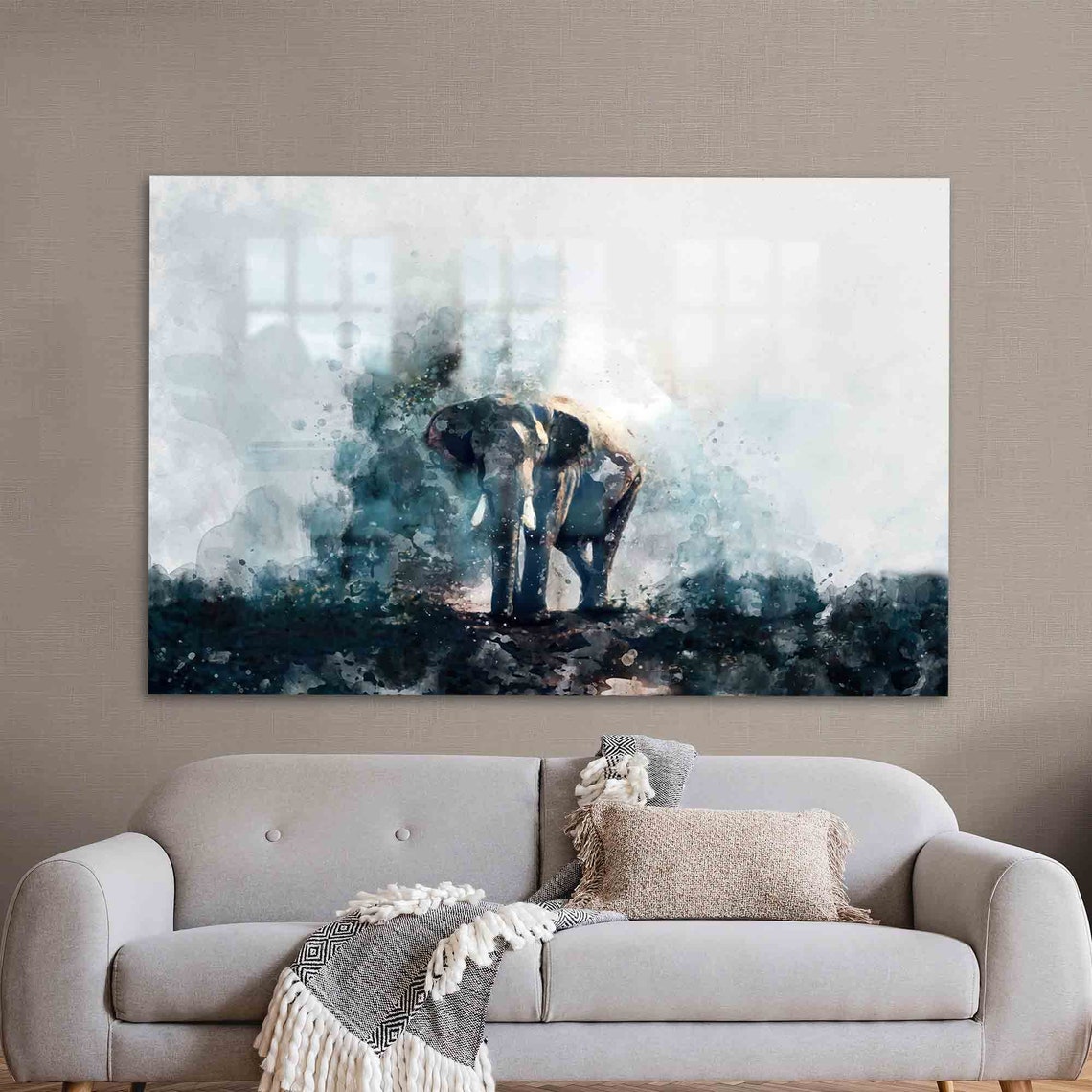 Monochrome Blue Watercolor Elephant Abstract Splash Style Poster