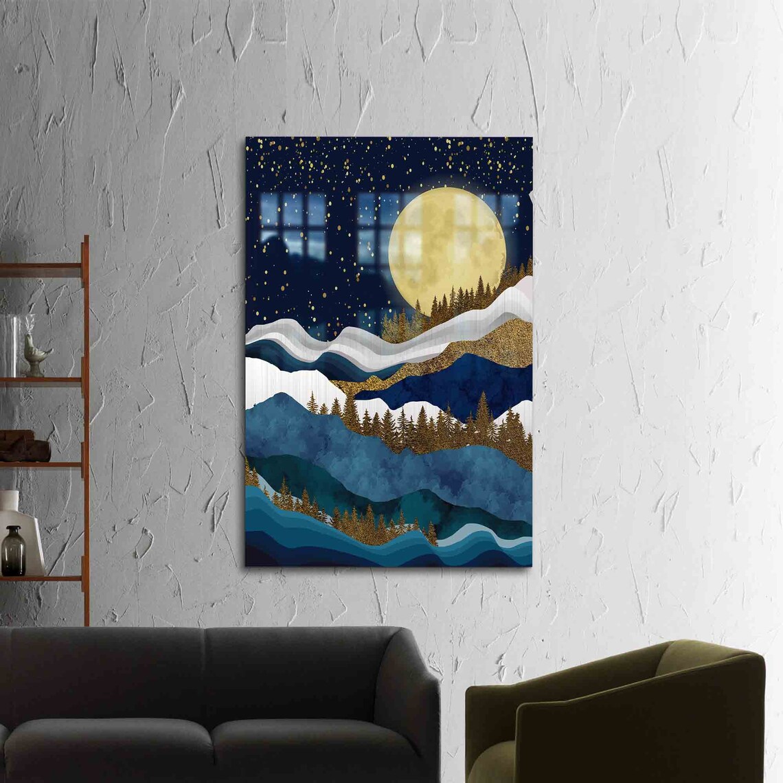 Golden Moon Starry Night Mountain Glass Art Landscape Wall Poster