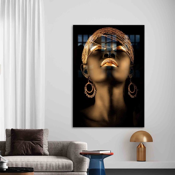 Glass Printing Wall Decor Gold Woman Tempered Black Ethnic African Lip