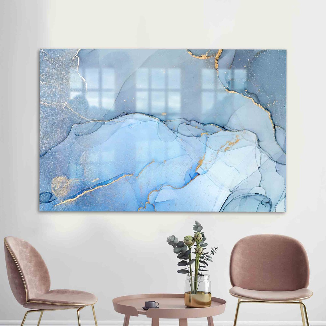 Glass Printing Wall Art, Gold Alcohol Ink Blue