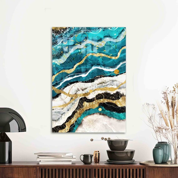 Teal Gold Black Marble Alcohol Ink Abstract Waves Glass Wall Art
