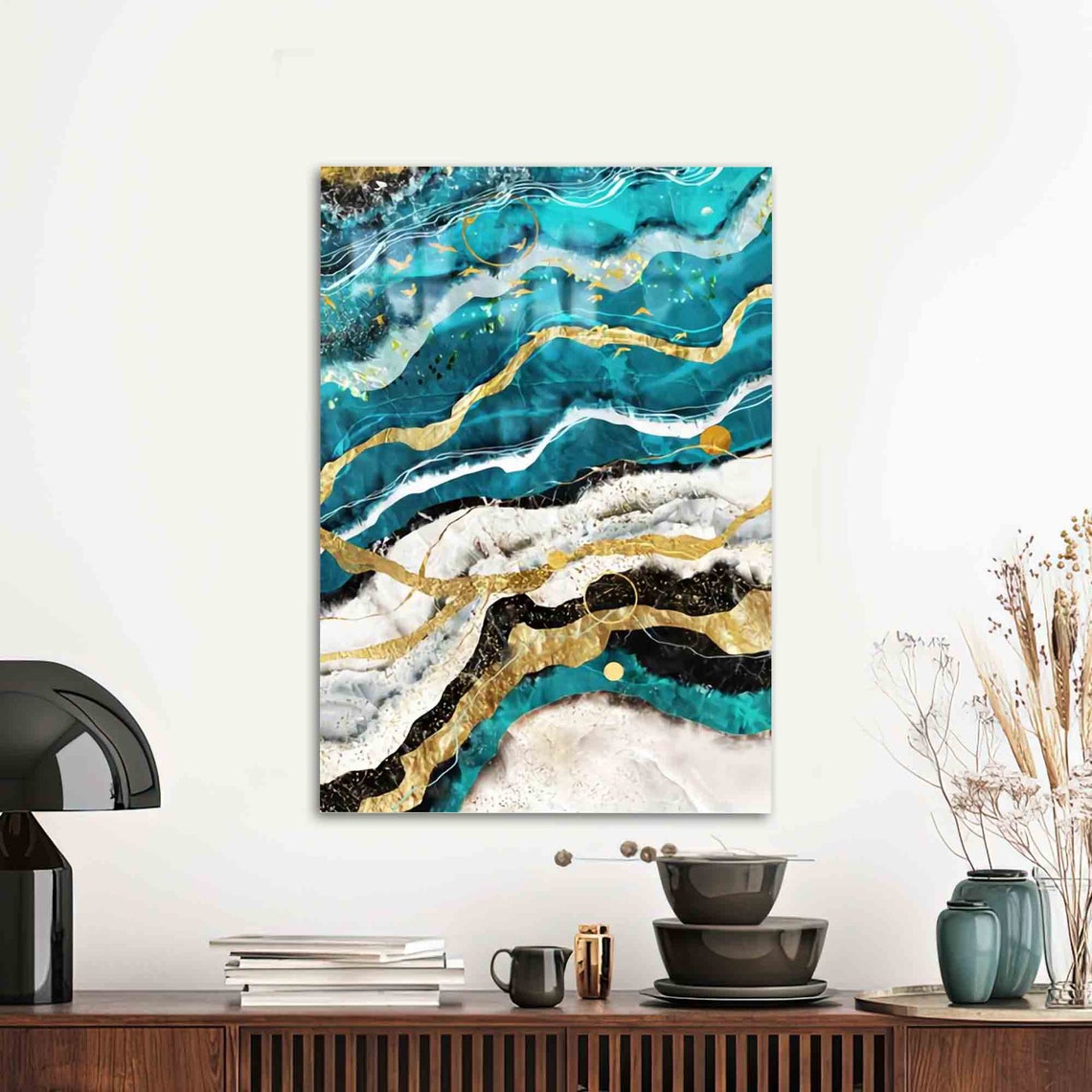 Teal Gold Black Marble Alcohol Ink Abstract Waves Glass Wall Art