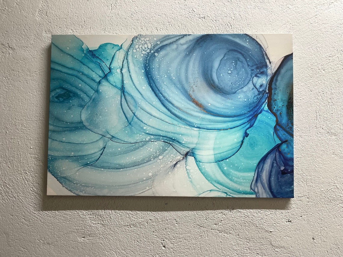 Flowing Blue Marble Alcohol Ink Abstract Modern Canvas Wall Art