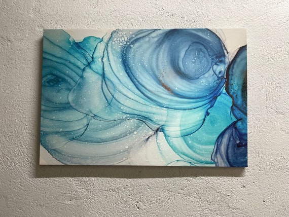 Modern Wall Decor Abstract Art Blue Marble Alcohol Ink Canvas