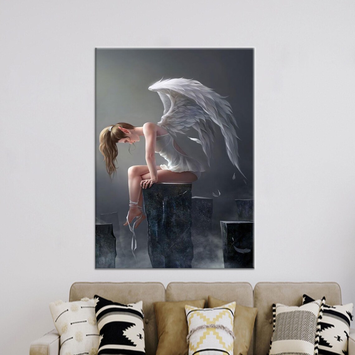 Winged Angel Woman on Stone Pillar Fantasy Artwork Modern Poster