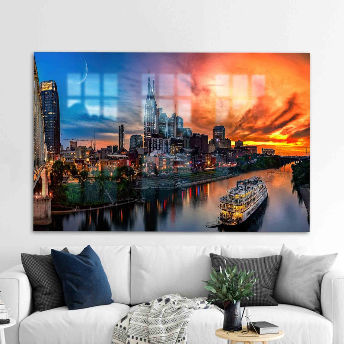 Nashville Skyline At Moonrise Riverboat Lights Cityscape Poster