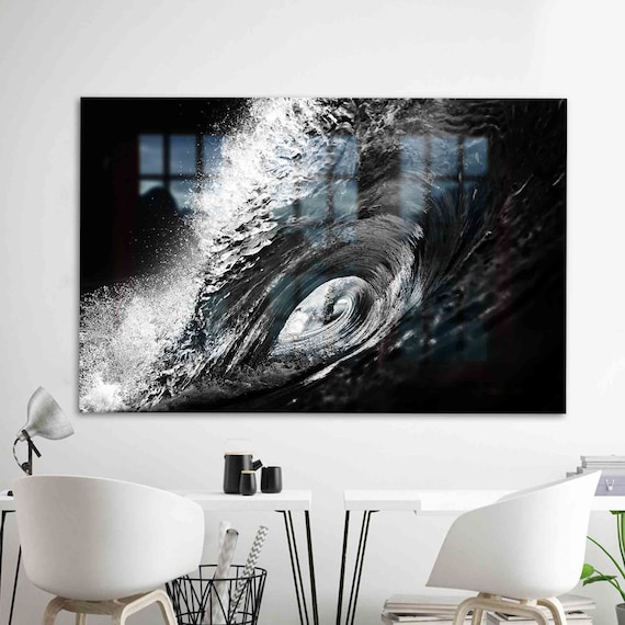 Powerful Ocean Barrel Wave in Black and White Dramatic Photo Poster
