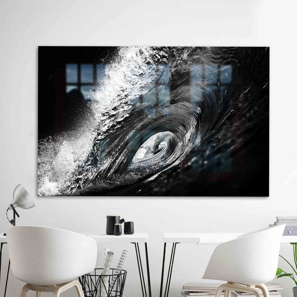Glass Wall Decor Printing Art Black And White Surf
