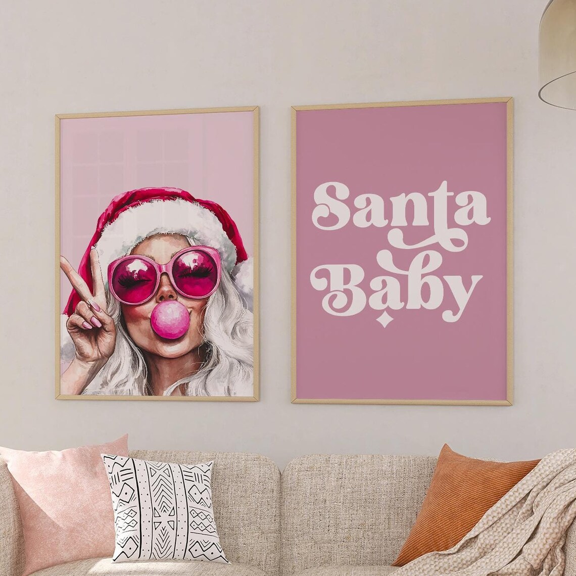 Santa Baby Pink Santa Girl Bubblegum Peace Sign Duo Christmas Poster