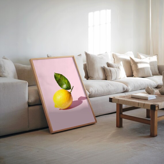 Bright Yellow Lemon on Pink Background Minimalist Kitchen Art Poster
